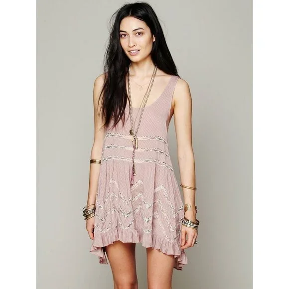 Free People Pink Tiered Ruffle Voile & Lace Mini Slip Dress | Cottagecore Boho M - Picture 16 of 16